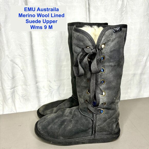 EMU Australia Stephanie Gray Suede Merino Wool Lined Winter Boots Women's Size 9 - Picture 1 of 12